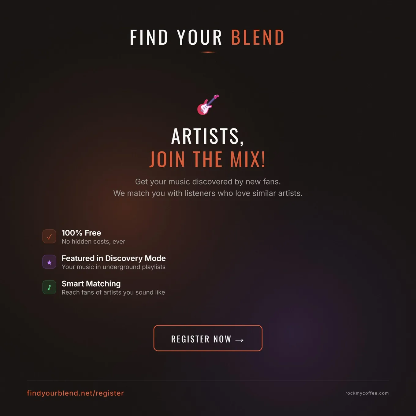A dark promo card headed ARTISTS, JOIN THE MIX! — free to join, featured in Discovery Mode, smart matching, above a Register now button