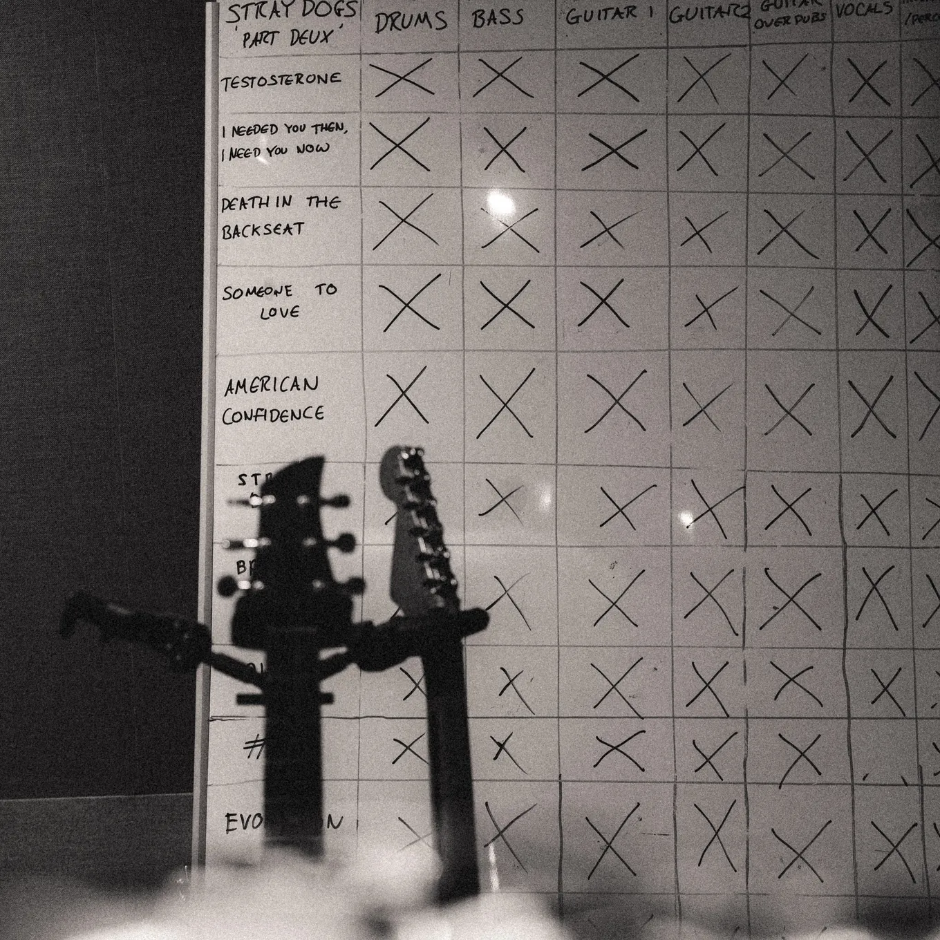 A studio whiteboard headed Stray Dogs part deux, each track name crossed off across columns for drums, bass, guitars and vocals, two guitar headstocks in the foreground