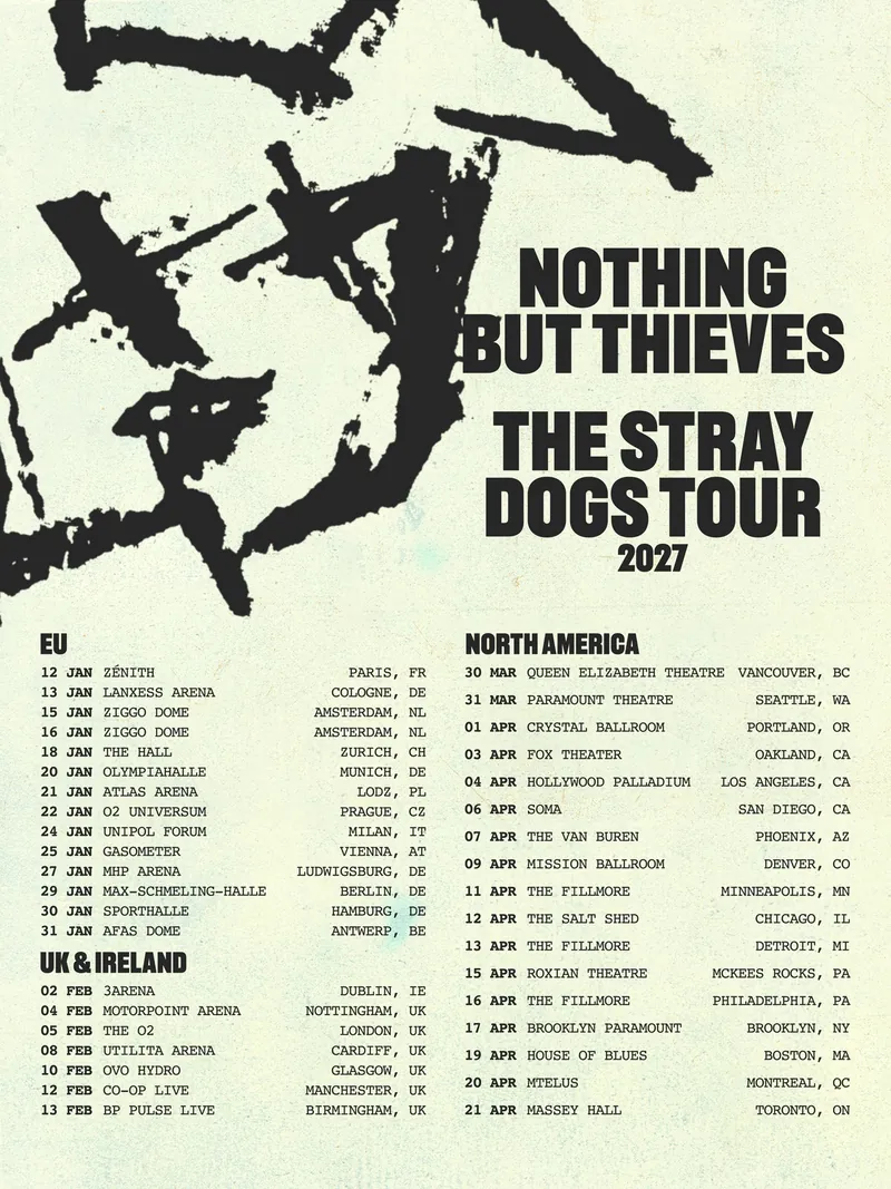 The Stray Dogs Tour 2027 poster, an ink splatter above the band name and the full list of European, UK and North American dates