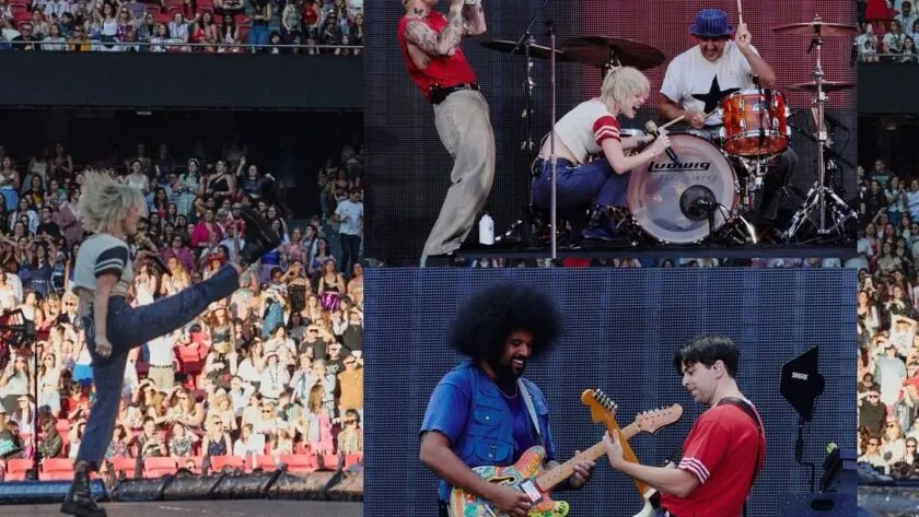 Three frames: a high kick in front of the stands, the drummer at the kit, and two guitarists playing face to face