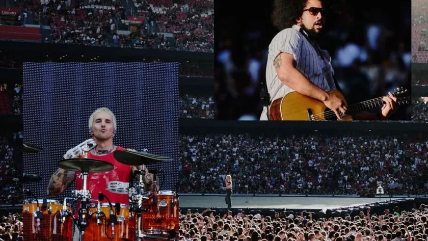 Three frames: a percussionist behind congas, a guitarist in close-up, and the stage seen over the crowd
