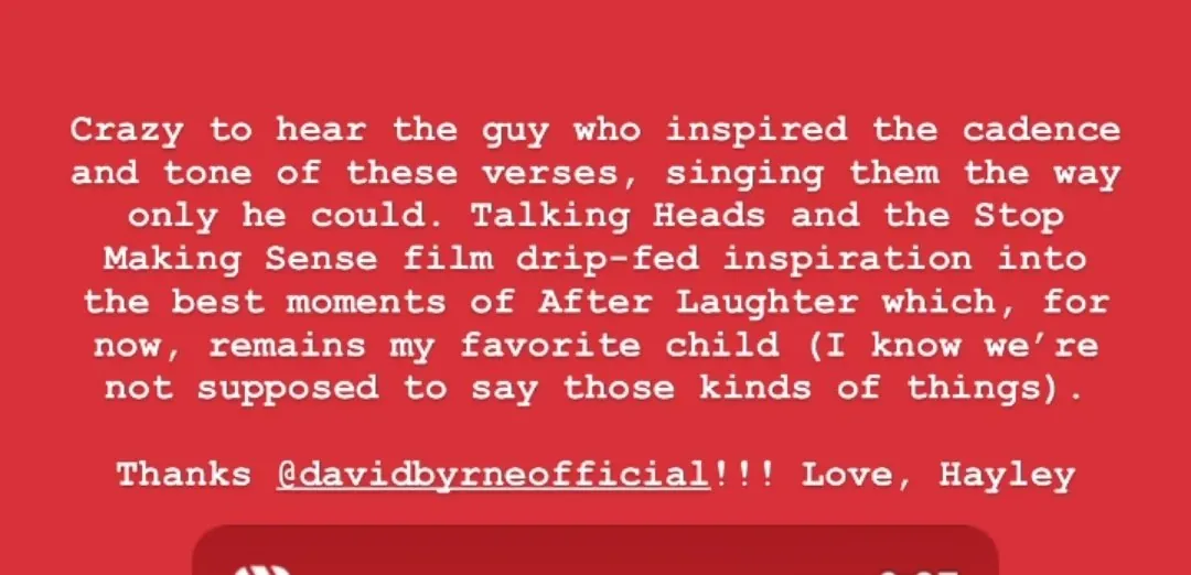 A red story card of a typed message thanking @davidbyrneofficial for Talking Heads and Stop Making Sense, signed Love, Hayley