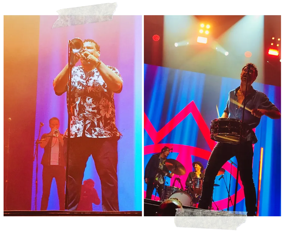 Two frames: a trumpeter playing, and a percussionist with a snare under pink light