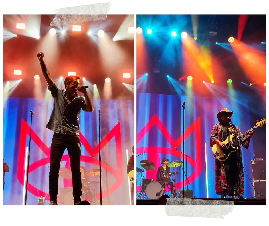 Two frames: the singer with a fist raised, and a guitarist in a wide-brimmed hat