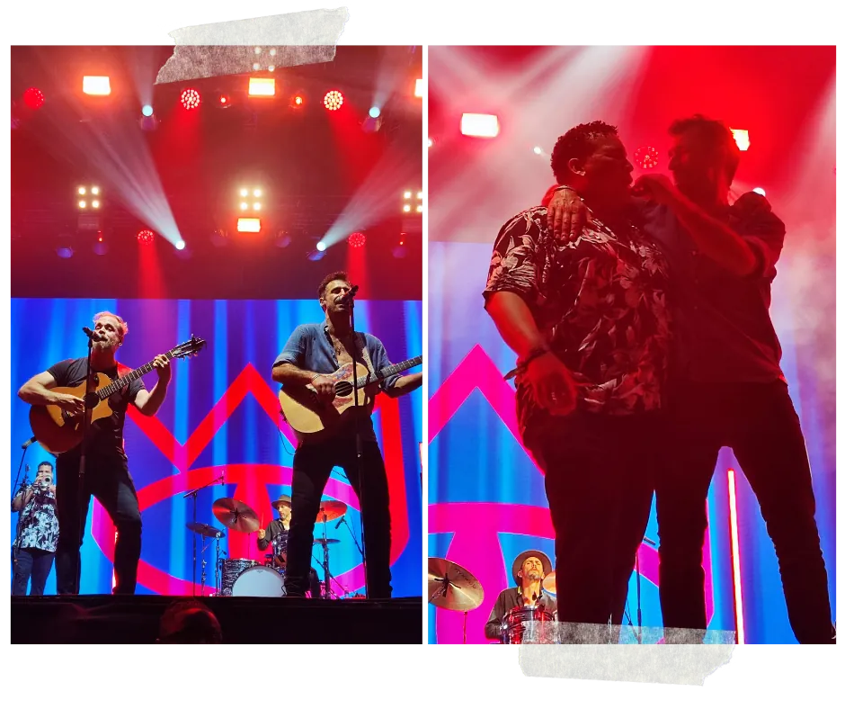 Two frames: two guitarists at their microphones, and two of them in silhouette against red light