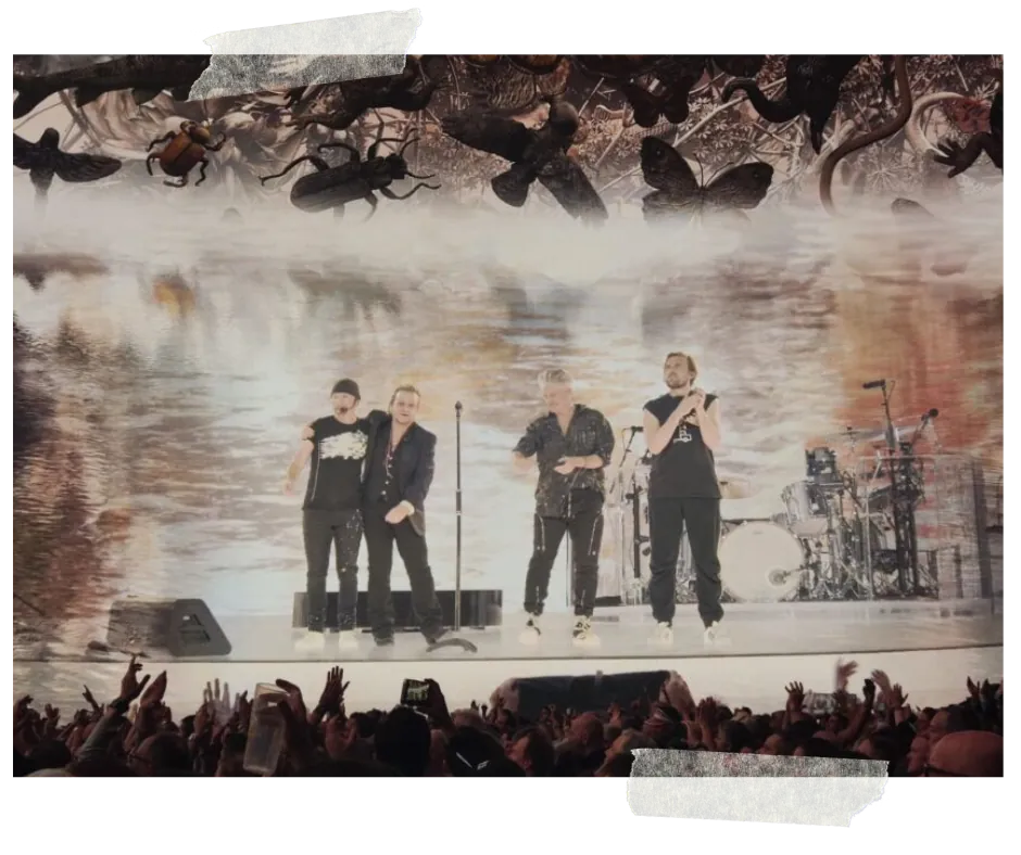 The band in a line at the front of the stage, a flooded landscape crawling with insects filling the screen behind