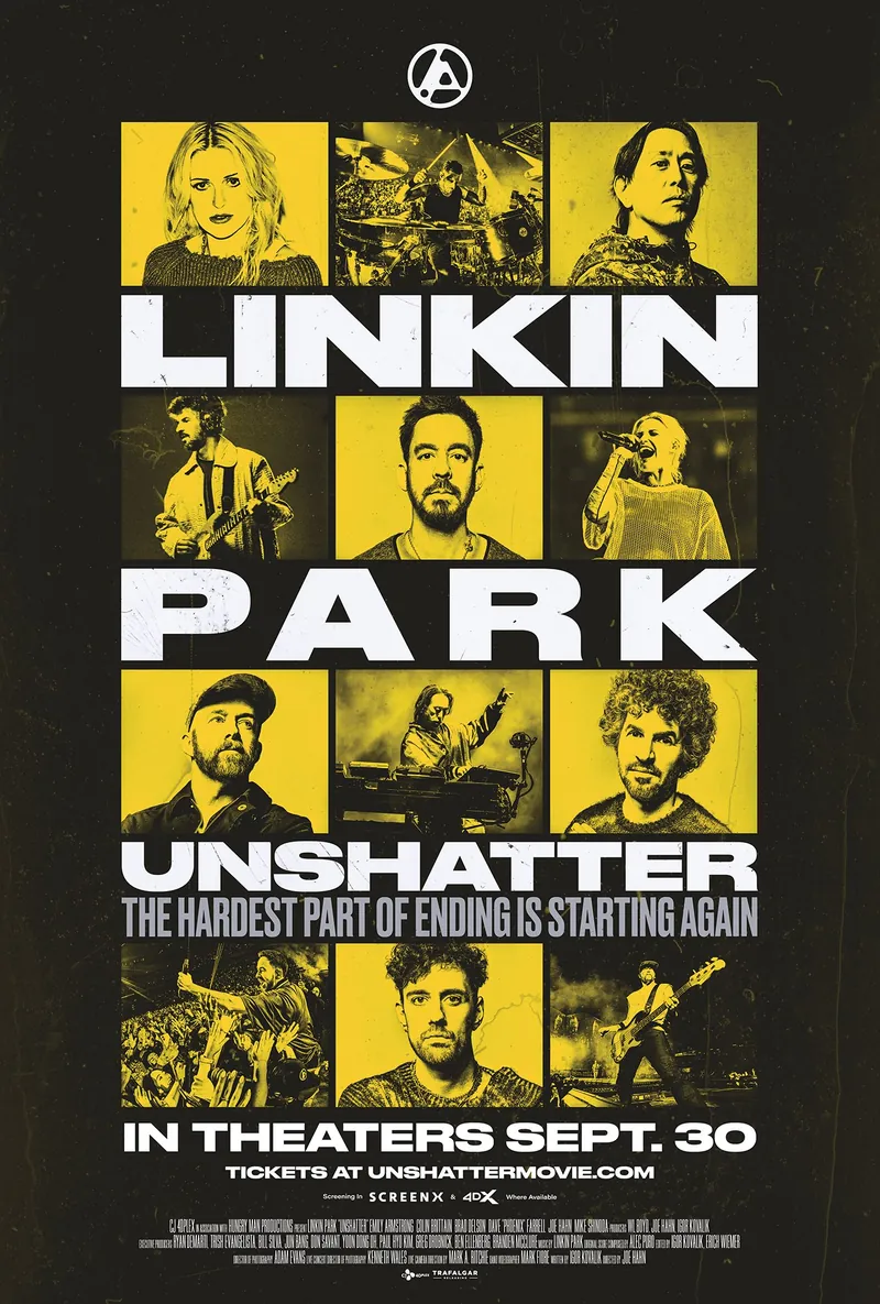 The Unshatter theatrical poster: twelve duotone yellow and black portraits in a grid behind the words LINKIN PARK UNSHATTER, with the tagline The hardest part of ending is starting again