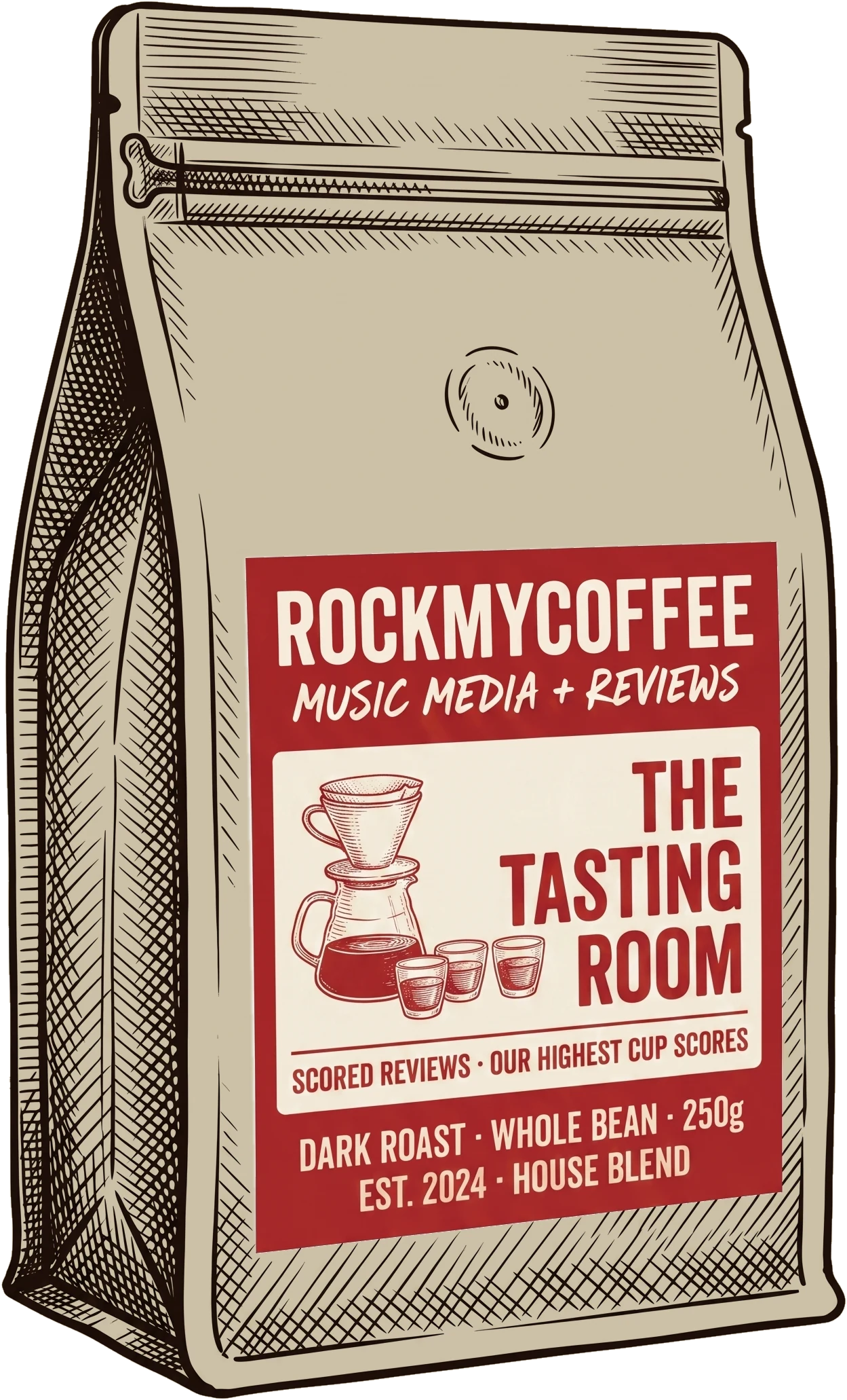 A Rock My Coffee bag labelled The Tasting Room
