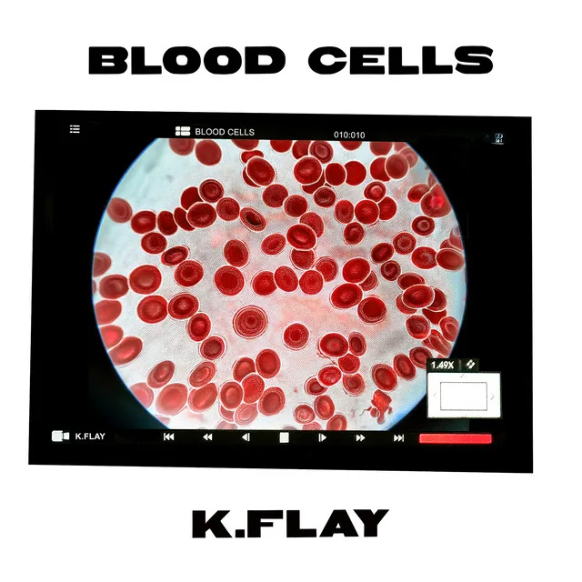 Blood Cells single artwork: red blood cells seen through a microscope, framed in the screen of a camera with its playback controls, between BLOOD CELLS and K.FLAY in heavy black capitals on white